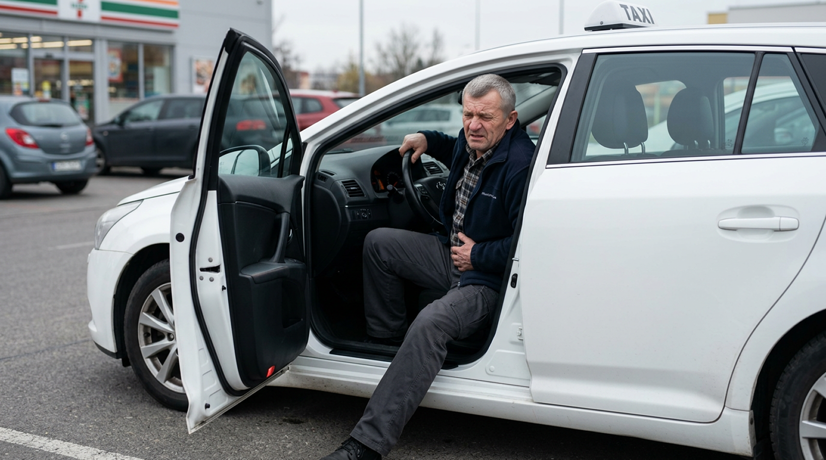 Roman trzyma się za brzuch koło auta